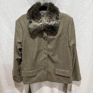 Kate Hill Wool Blend Faux Fur Collar Belted Jacket 22W Herringbone Coat Jacket